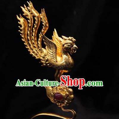 China Traditional Ming Dynasty Golden Phoenix Hair Stick Handmade Hair Accessories Ancient Imperial Consort Hairpin