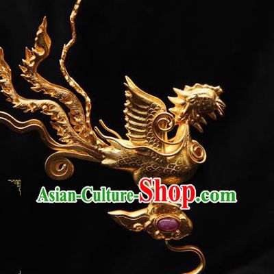 China Ancient Imperial Consort Hairpin Handmade Hair Accessories Traditional Ming Dynasty Golden Phoenix Hair Stick