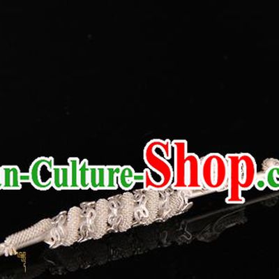 China Ancient Emperor Silver Dragon Head Hairpin Traditional Ming Dynasty Lord Hair Stick