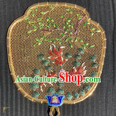 China Ancient Empress Golden Round Fan Traditional Qing Dynasty Court Enamel Red Goldfish Palace Fan