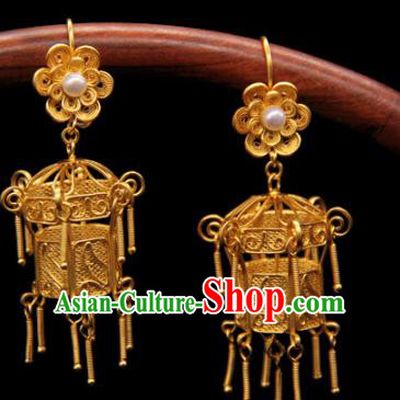 Handmade Chinese Ancient Qing Dynasty Palace Earrings Accessories Traditional Court Golden Lantern Ear Jewelry