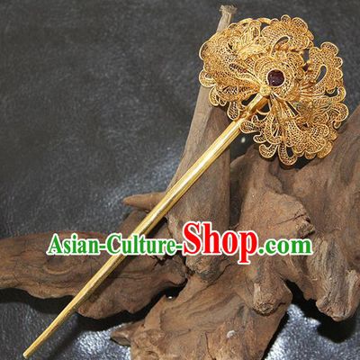 China Handmade Court Queen Golden Peony Hair Stick Traditional Palace Headpiece Ancient Qing Dynasty Empress Ruby Hairpin