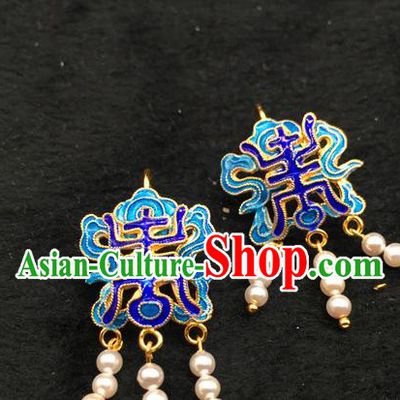Handmade Traditional Court Pearls Tassel Earrings Jewelry Chinese Ancient Qing Dynasty Queen Enamel Ear Accessories