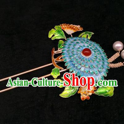 China Handmade Court Cloisonne Chrysanthemum Hair Stick Traditional Palace Hair Jewelry Ancient Qing Dynasty Empress Pearls Hairpin