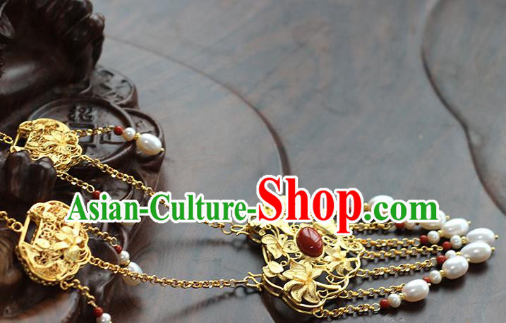 China Traditional Ming Dynasty Pearls Tassel Longevity Lock Ancient Princess Golden Necklace