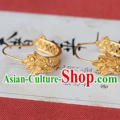 Handmade Traditional Court Golden Phoenix Ear Jewelry Chinese Ancient Tang Dynasty Queen Earrings Accessories