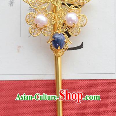 China Ancient Ming Dynasty Tourmaline Pearls Hairpin Traditional Palace Hair Jewelry Handmade Court Golden Butterfly Hair Stick
