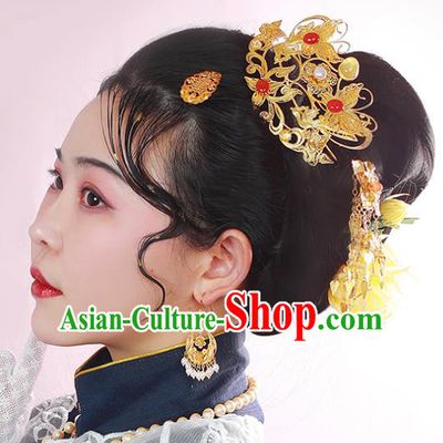 China Ancient Ming Dynasty Hair Crown Traditional Palace Hair Jewelry Handmade Court Empress Golden Hairpin