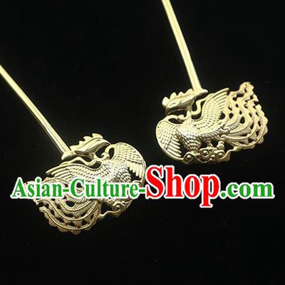China Handmade Ancient Court Empress Golden Phoenix Hairpin Traditional Palace Hair Jewelry Ming Dynasty Hair Stick