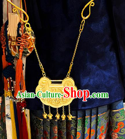 China Traditional Ming Dynasty Golden Tassel Longevity Lock Ancient Empress Necklace China Traditional Ming Dynasty Golden Tassel Longevity Lock Ancient Empress Necklace