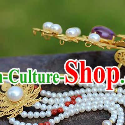 China Traditional Ming Dynasty Long Tassel Hair Stick Handmade Palace Hair Jewelry Ancient Court Empress Golden Phoenix Amethyst Hairpin