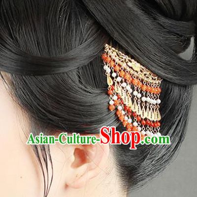 China Traditional Red Beads Tassel Hair Comb Handmade Palace Hair Jewelry Ancient Ming Dynasty Court Golden Peony Hairpin