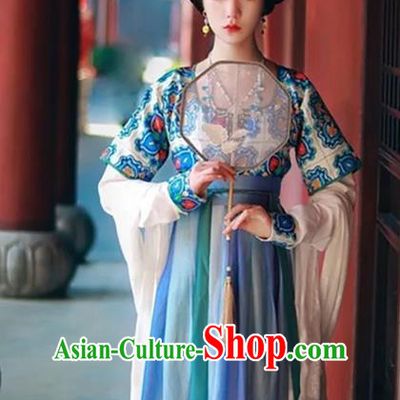 China Traditional Tang Dynasty Royal Princess Historical Clothing Ancient Palace Lady Blue Hanfu Dress