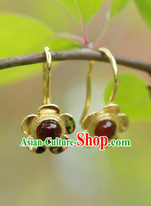 Handmade Chinese Garnet Earrings Traditional Accessories Ancient Court Hanfu Golden Plum Ear Jewelry Handmade Chinese Garnet Earrings Traditional Accessories Ancient Court Hanfu Golden Plum Ear Jewelry