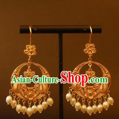 Handmade Chinese Ancient Court Hanfu Pearls Tassel Ear Jewelry Wedding Golden Earrings Traditional Accessories