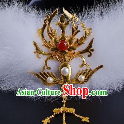 China Traditional Ming Dynasty Golden Phoenix Hair Crown Handmade Palace Hair Jewelry Ancient Queen Hairpin