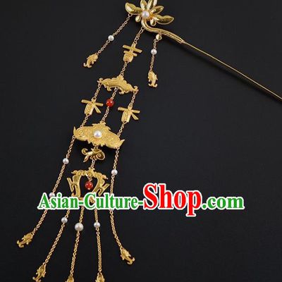 China Ancient Empress Golden Lotus Hairpin Handmade Palace Hair Jewelry Traditional Ming Dynasty Tassel Hair Stick