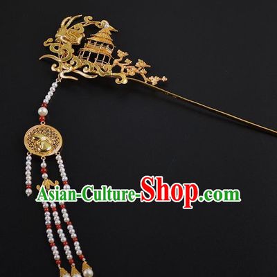 China Ancient Empress Golden Palace Hairpin Handmade Hair Jewelry Traditional Ming Dynasty Beads Tassel Hair Stick