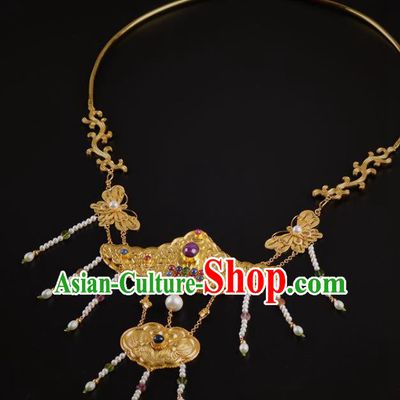 Handmade Chinese Ancient Court Queen Gems Necklace Jewelry Traditional Ming Dynasty Pearls Golden Necklet Accessories