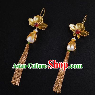 Handmade Chinese Ancient Court Queen Golden Peony Ear Jewelry Traditional Tang Dynasty Tassel Earrings Accessories