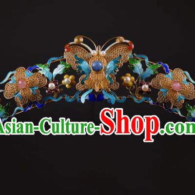 China Traditional Qing Dynasty Palace Pearls Hairpin Handmade Hair Jewelry Ancient Empress Cloisonn Butterfly Hair Crown