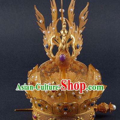 China Traditional Tang Dynasty Palace Pearls Hair Crown Handmade Hair Jewelry Ancient Empress Golden Lotus Phoenix Coronet