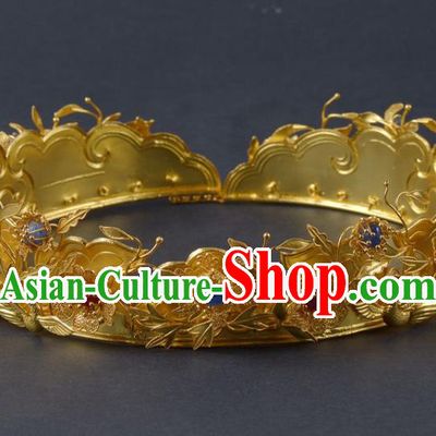 China Traditional Ming Dynasty Palace Golden Hair Crown Handmade Hair Jewelry Ancient Empress Gems Hairpin Hair Clasp