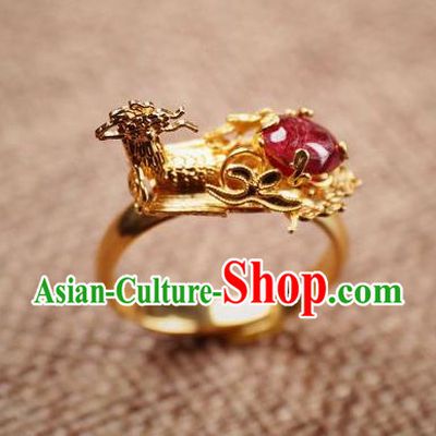 Handmade Chinese Ancient Empress Golden Phoenix Ring Jewelry Traditional Qing Dynasty Court Ruby Accessories