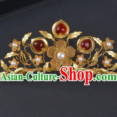 China Ancient Empress Golden Plum Hairpin Traditional Ming Dynasty Palace Agate Hair Crown Handmade Hair Jewelry