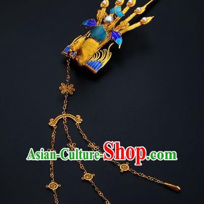 Traditional China Ancient Empress Golden Tassel Hairpin Handmade Hair Ornament Qing Dynasty Palace Cloisonne Phoenix Hair Stick