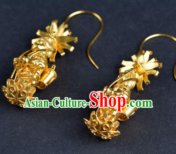 Handmade Chinese Ancient Empress Ear Jewelry Traditional Ming Dynasty Court Golden Earrings Accessories Handmade Chinese Ancient Empress Ear Jewelry Traditional Ming Dynasty Court Golden Earrings Accessories