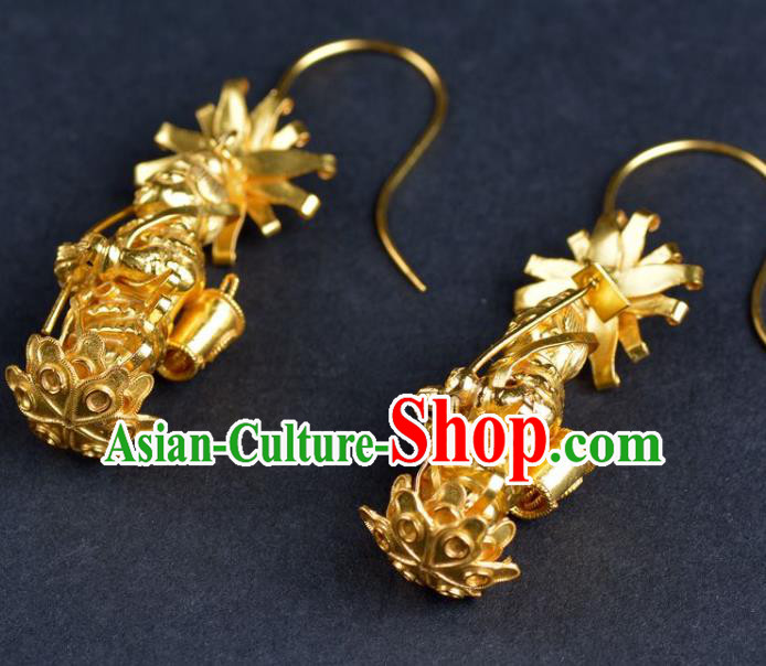Handmade Chinese Ancient Empress Ear Jewelry Traditional Ming Dynasty Court Golden Earrings Accessories Handmade Chinese Ancient Empress Ear Jewelry Traditional Ming Dynasty Court Golden Earrings Accessories