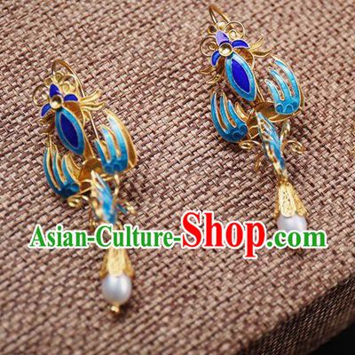 Handmade Chinese Ancient Empress Blueing Phoenix Ear Jewelry Traditional Qing Dynasty Court Pearl Earrings Accessories