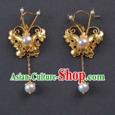 Handmade Chinese Ancient Empress Pearls Ear Jewelry Traditional Qing Dynasty Court Golden Butterfly Earrings Accessories