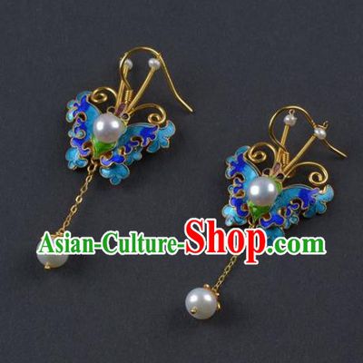 Handmade Chinese Traditional Qing Dynasty Court Blueing Butterfly Earrings Accessories Ancient Empress Pearls Ear Jewelry