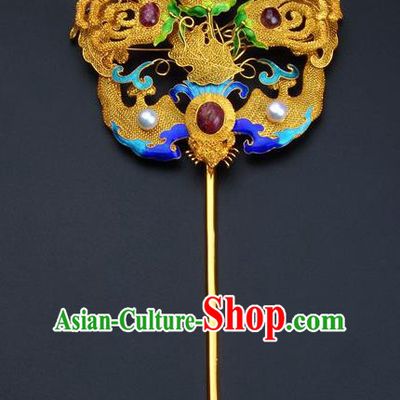 Traditional China Ancient Empress Filigree Bat Hairpin Handmade Hair Ornament Qing Dynasty Palace Ruby Golden Hair Stick