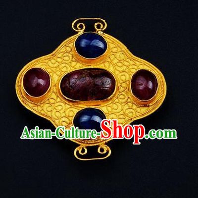 Handmade Chinese Traditional Qing Dynasty Court Golden Necklace Accessories Ancient Empress Gems Jewelry Pendant