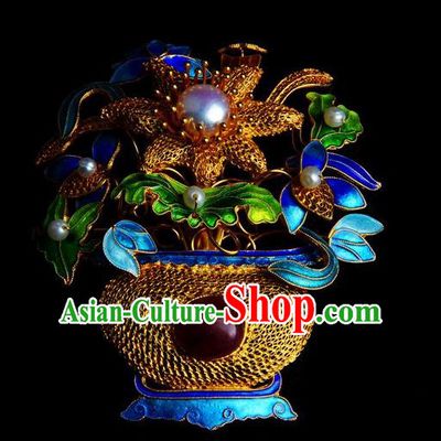 Handmade Chinese Traditional Qing Dynasty Filigree Breastpin Pearls Accessories Ancient Empress Cloisonne Brooch Jewelry