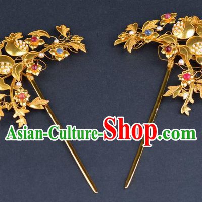 China Traditional Qing Dynasty Palace Golden Pomegranate Hair Stick Handmade Gems Hair Jewelry Ancient Empress Pearls Hairpin