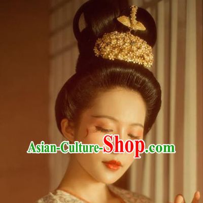 China Traditional Tang Dynasty Princess Pearls Hair Crown Handmade Hair Jewelry Ancient Hanfu Golden Hairpin Phoenix Coronet