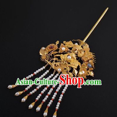 China Handmade Hair Jewelry Ancient Empress Pearls Tassel Hairpin Traditional Qing Dynasty Palace Golden Phoenix Hair Stick