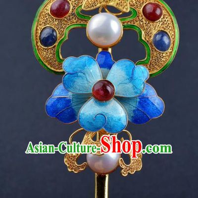 China Ancient Empress Enamel Peony Hair Stick Handmade Hair Jewelry Traditional Qing Dynasty Palace Gems Bat Hairpin