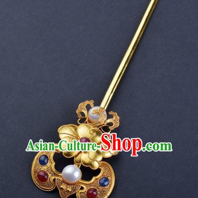 China Handmade Hair Jewelry Traditional Qing Dynasty Palace Gems Bat Hairpin Ancient Empress Golden Peony Hair Stick