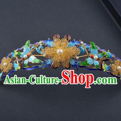Traditional China Ancient Empress Filigree Golden Hairpin Handmade Palace Hair Ornament Qing Dynasty Enamel Butterfly Hair Crown