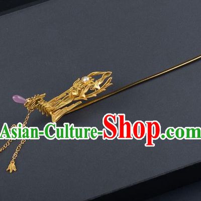 Traditional China Ming Dynasty Hair Stick Handmade Palace Hair Ornament Ancient Empress Golden Phoenix Tassel Hairpin