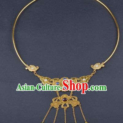 Handmade Chinese Golden Peony Nacklace Traditional Ming Dynasty Court Gems Accessories Ancient Empress Jewelry
