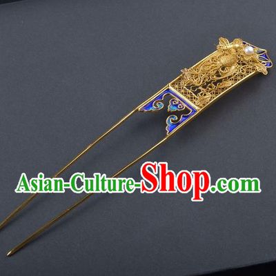 Traditional China Qing Dynasty Blueing Hair Stick Handmade Palace Hair Ornament Ancient Empress Filigree Phoenix Hairpin