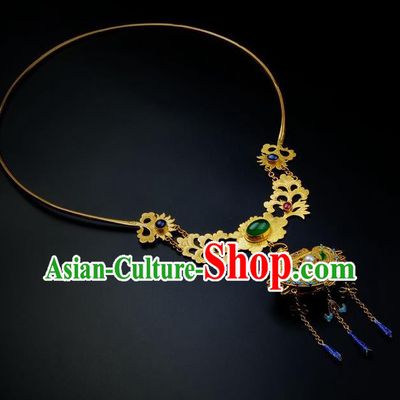 Handmade Chinese Traditional Ming Dynasty Golden Lotus Necklace Accessories Ancient Empress Gems Necklet Jewelry