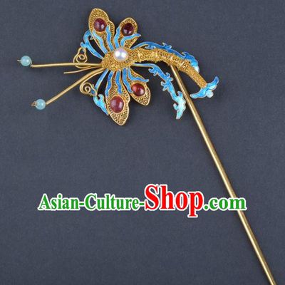 Traditional China Handmade Ruby Hair Ornament Qing Dynasty Palace Hairpin Ancient Empress Enamel Dragonfly Hair Stick