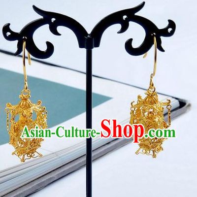 Handmade Chinese Traditional Ming Dynasty Filigree Golden Accessories Ancient Empress Lantern Earrings Jewelry